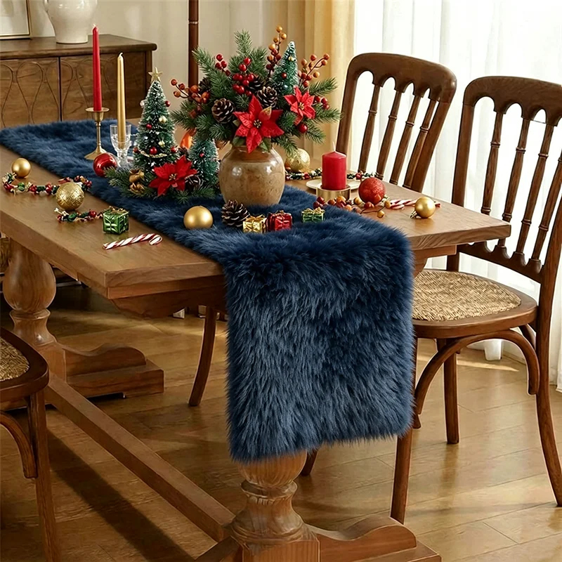 VIKAMA Plush Table Runner Navy Blue Soft Faux Fur Fleece for Dining Table Nordic Farmhouse Non Slip Backing Machine Washable