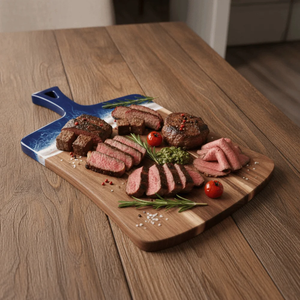 Sea Wave Pattern Resin-Wood Splicing Cutting Board Rectangular Hanging Handle Bread Serving Board Thickened Chopping Block