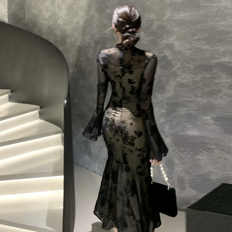 Chinese Style Mesh Long Cheongsam Women Black Qipao Sexy Improved Chinese Dress Long Sleeve Elegant Vestidos Vintage Costume