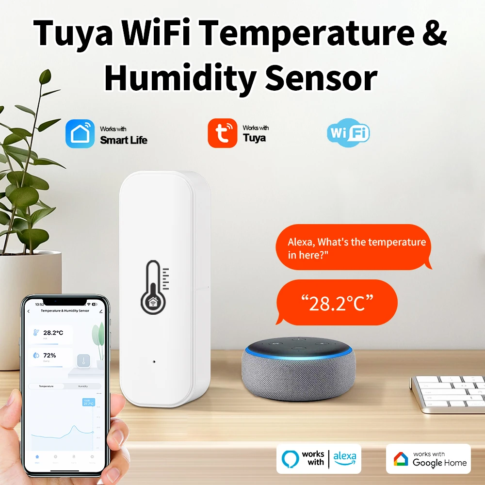 

Датчик температуры и влажности Tuya Wi-Fi, датчик влажности в помещении, мониторинг через приложение для Alexa Google Home Voice с черным или белым