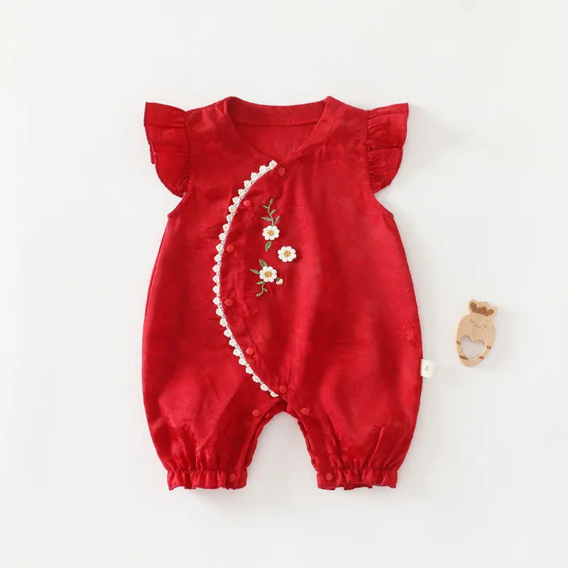 Somenie Summer Baby Romper, Boneless Short‑Sleeve Newborn Onesie, Boys Girls Full‑Moon Small Cheongsam Style Baby Outfit