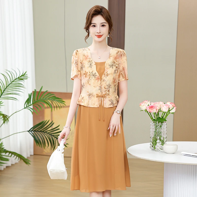 Printed Dress Women Summer Korean Version Of Self-Cultivation Age Reduction Leave Fake Two Pieces Middle-Aged A-Line Vestidos