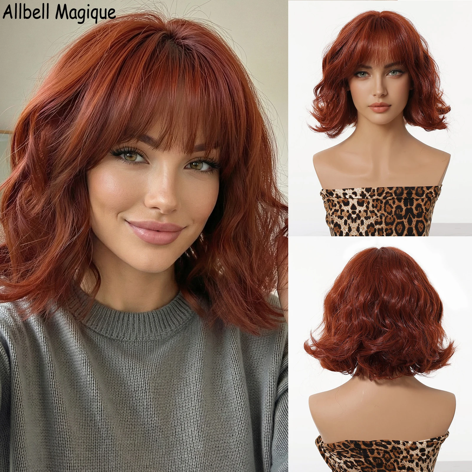 

Короткие волнистые парики Allbell Magique красно-коричневого цвета с челкой для женщин, высококачественный синтетический термостойкий женский парик в стиле Лолита