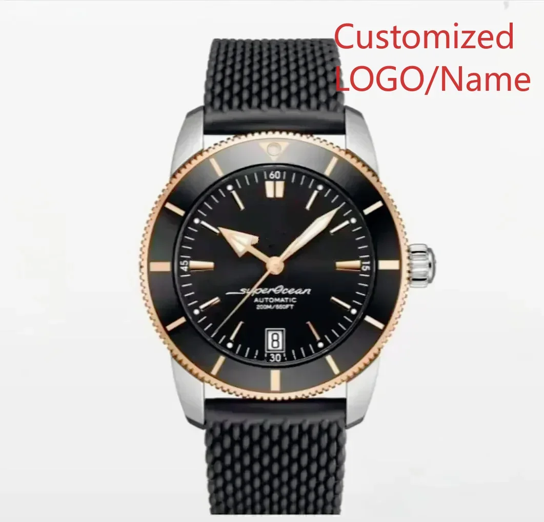 A1212 Store Customized Watches 46mm Sport Automatic Mechanical Watch for Men, Rose Gold Case, Black and Blue Rubber Strap view 6