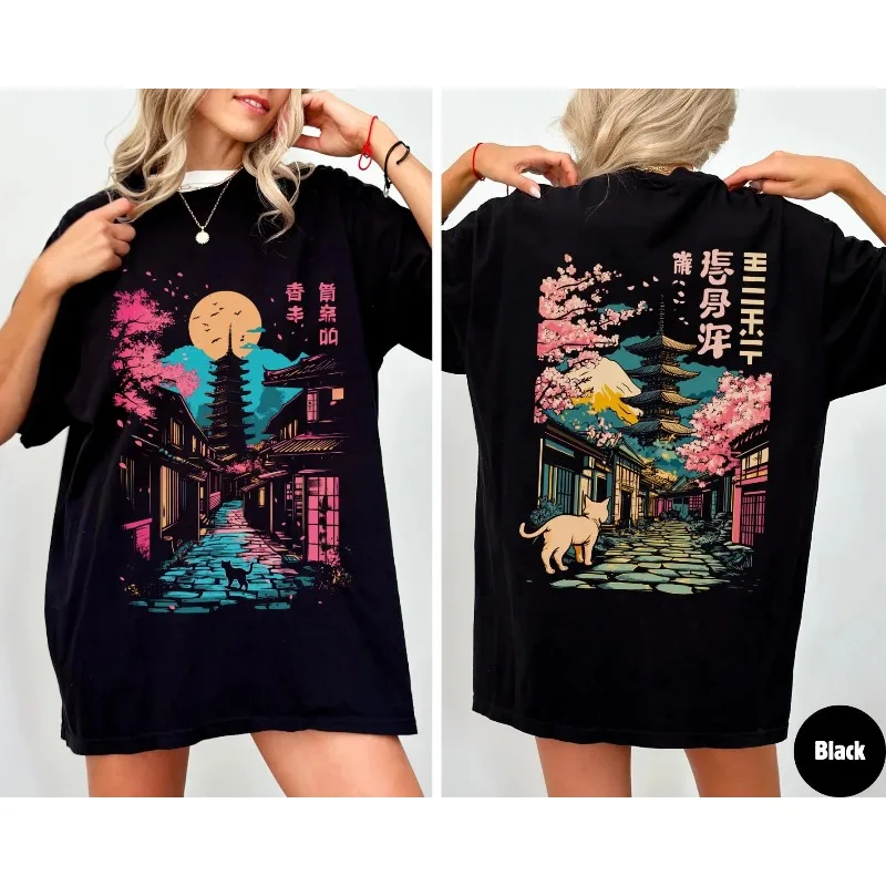Retro Japanese Alley T-shirt | Sakura Moon Street View Women's T-shirt Summer New Style Unisex High Street T-shirt