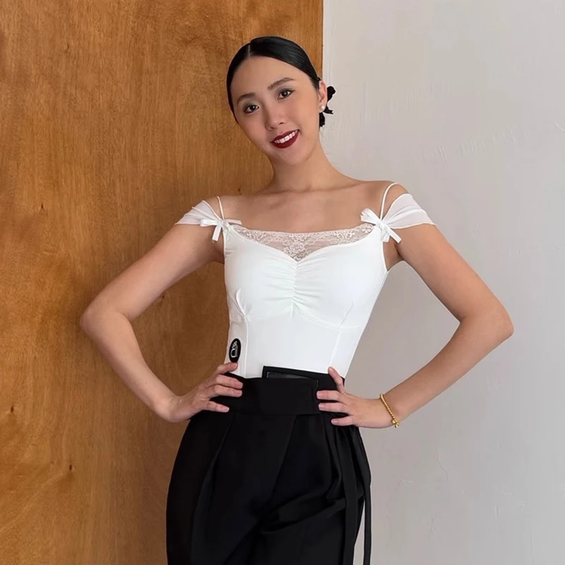 

Ballroom Dance Tops Women Square Neck Lace Sleeveless Dancing Bodysuit Adult Samba Modern Dance Bodysuit White Black Red XH2918