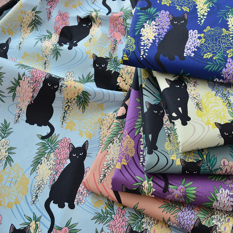 Stretch Poplin Cotton Fabric 50S Black Cat Printed for Sewing Clothes DIY Handmade by Half Meter