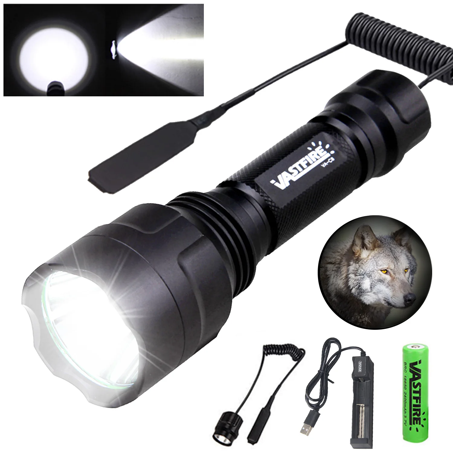 Tactical 5000LMs C8 Led Night Hunting Flashlight White/Green/Red Predator Torch+2*Rifle Scope Mount+Switch+18650+USB Charger+Box