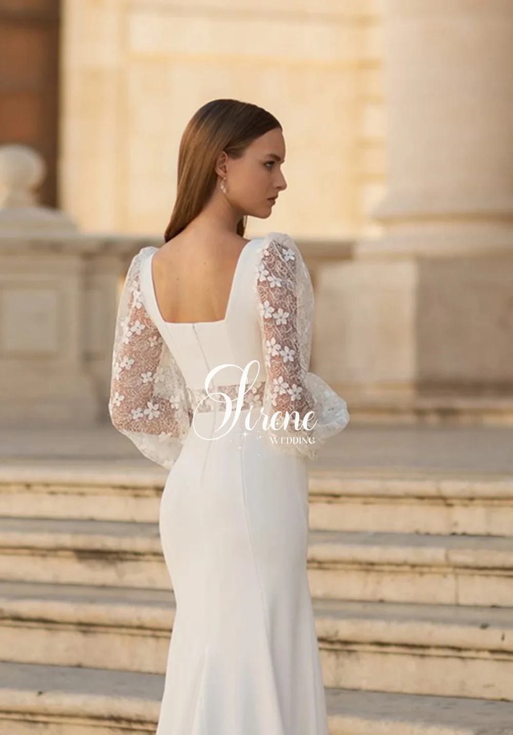 Sirene Elegant Square Collar Sheath Wedding Dresses Long Lantern Sleeves Lace Appliques Modern Bride Gowns Spandex Sweep Train