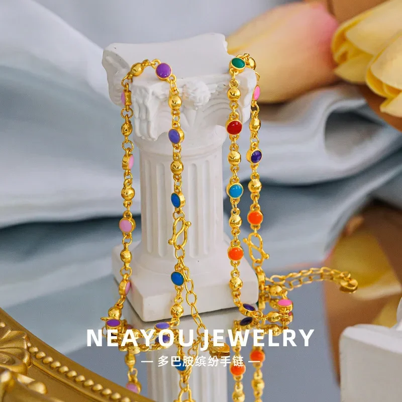 

9999 Real Gold 24K Pure Women's Color Small Gold Bead Dopamine Fine Bracelet Oil Drip Color Bracelet