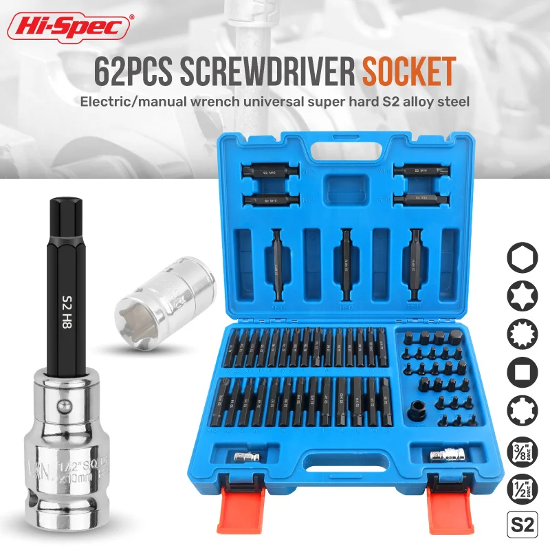 

Hi-Spec 63 Pcs 1/2"&3/8" Screwdriver Bit Set S2 Diameter Quick Release Shank Nomagnetic Socket H/T/M/S/MP Type For Wrench