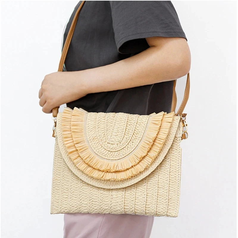 Imagem -02 - Raffia Woven Clutch Mulheres Vintage Tassel Jantar Straw Clutches Mulher Verão Casual Vacation Shoulder Bolsa Lady Large Phone Purse