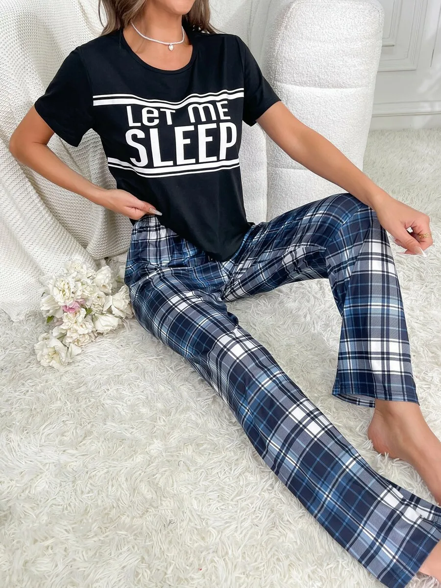 Women\'s new style pajamas Black short-sleeved letter top plaid pants casual elegant two-piece style