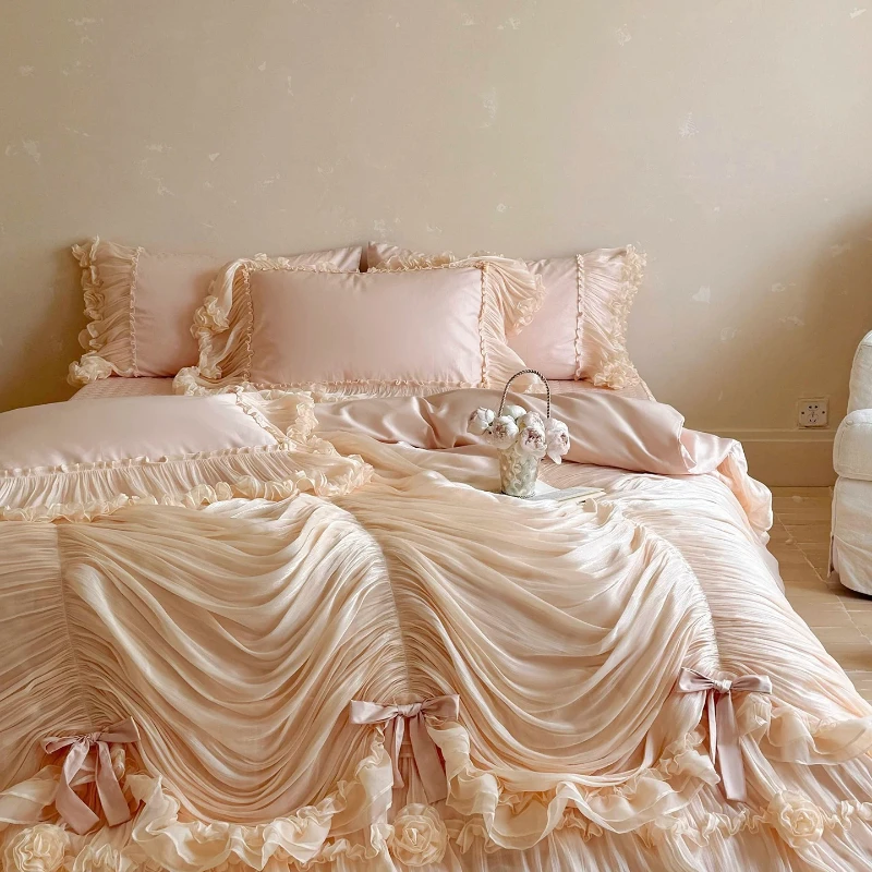 French bed skirt, cotton satin long-staple cotton four-piece set, handmade disc flower pink princess style premium padded