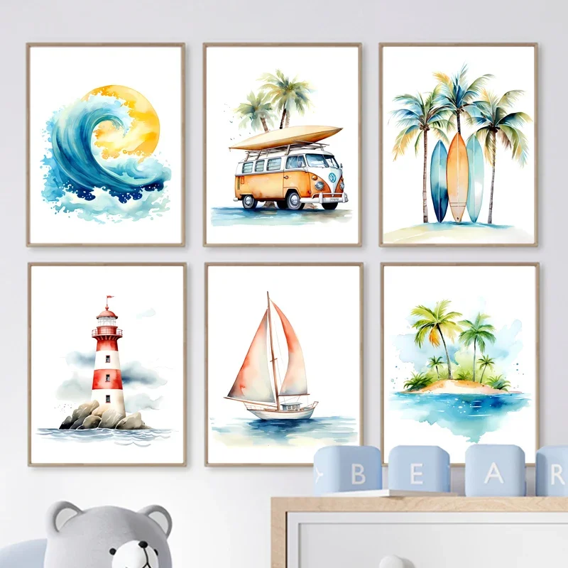 גלישה על חוף ים מגדלור אמנות בד ציור ילדים חוף הים מגדלור ציור ילדים חוף