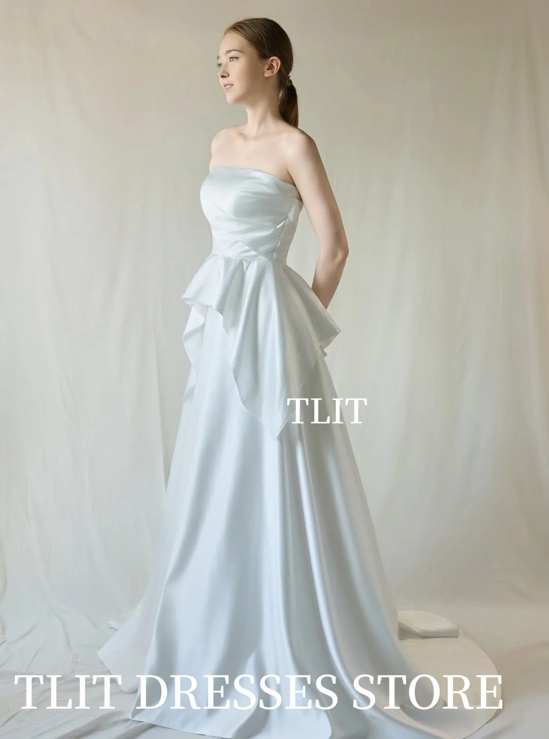 ชุดแต่งงานทรงเอไลน์ผ้าซาตินสีขาวหรูหราแบบเปิดไหล่ ชุดราตรีงานพรอมสไตล์เกาหลี ชุดเจ้าสาวสำหรับถ่ายภาพ สามารถสั่งตัดได้