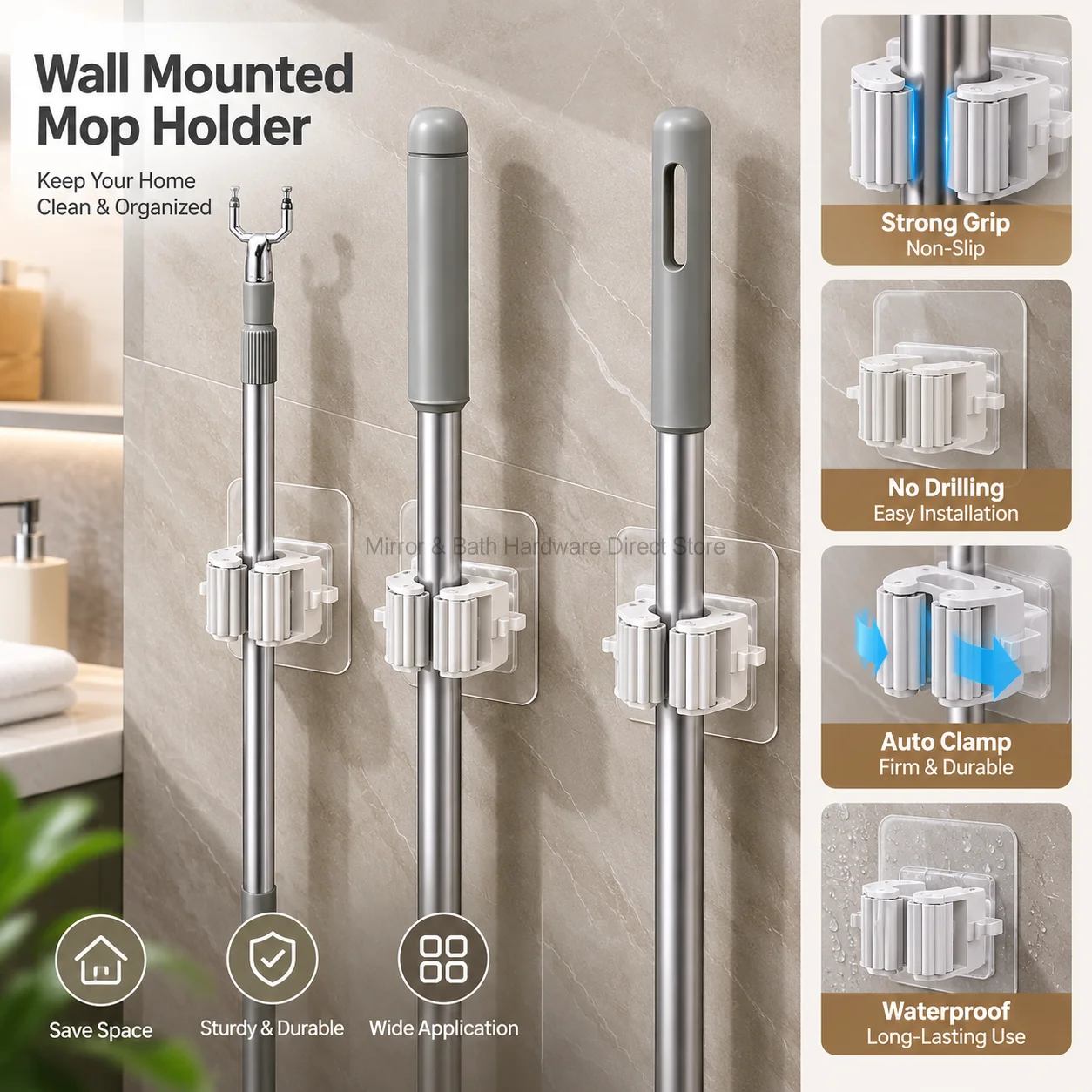 Wall Mounted Mop Broom Holder Self Adhesive No Drill Storage Rack Waterproof Cleaning Tool Organizer for Bathroom Home - view 4
