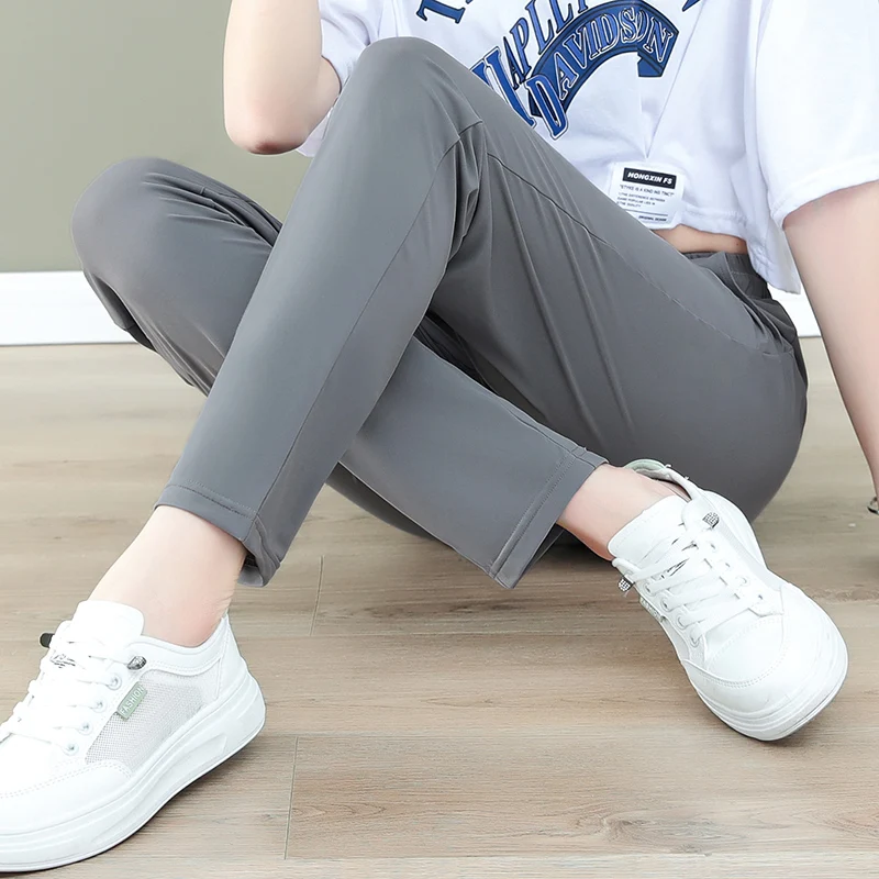 Damskie spodnie sportowe z lodowego jedwabiu, szybkoschnące, cienkie, letnie, codzienne, z prostymi nogawkami, wygodne, z wysokim stanem, długie spodnie.