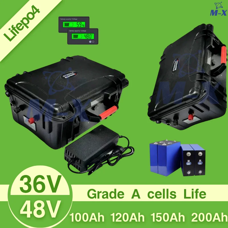 

M-X-Литиевая аккумуляторная батарея LiFePO4 Étanche, 36 В, 100 Ач, 200 Ач, 48 В, 150 Ач, с Bluetooth, для трехколесного велосипеда, мотор лодки для гольфа