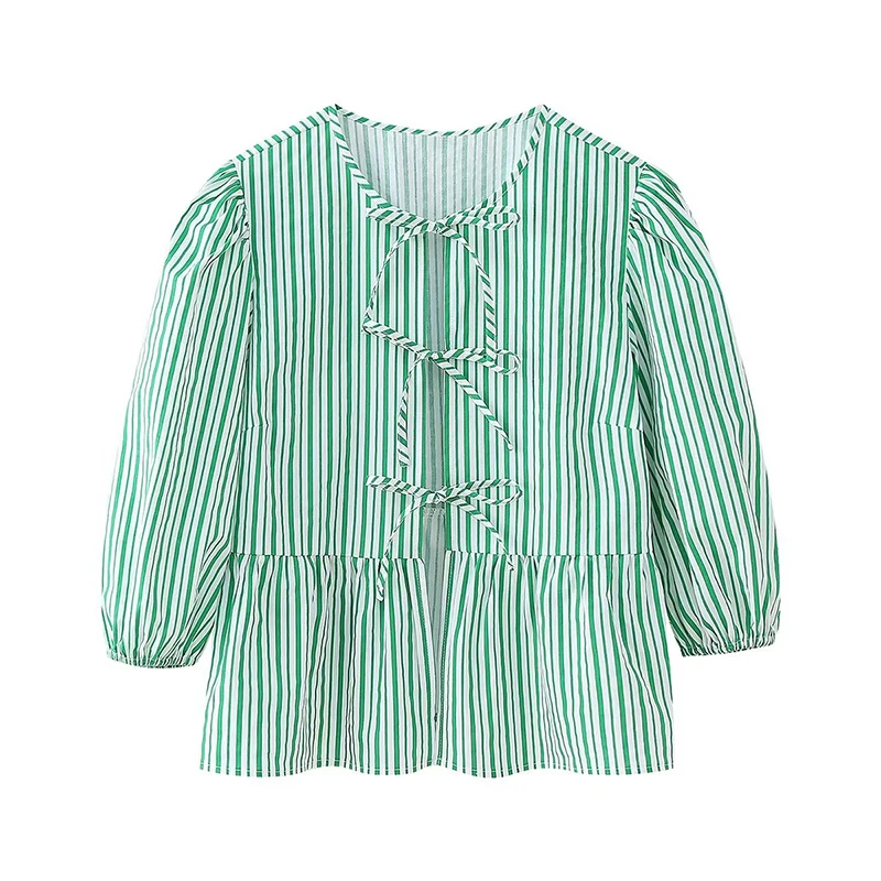 

YENKYE Lace Up Striped Shirt Women 2024 Vintage Puff Sleeve O Neck Casual Shirts Female High Street Lady Blouse Summer Tops