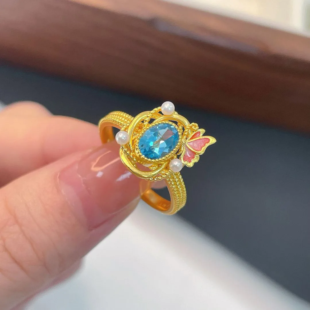 خواتم فراشة مرصعة بالأحجار الكريمة الزرقاء الإبداعية للنساء خاتم زفاف لؤلؤ فاخر خفيف هدية مجوهرات ساحرة