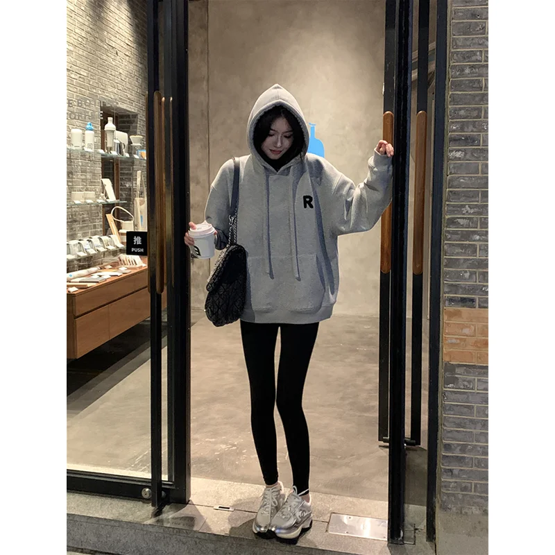 Autumn Womens Clothing Vintage Casual Street Sweatshirt Y2K Hooded Letter Printing Pullover Long Sleeves Oversize Ladies Tops