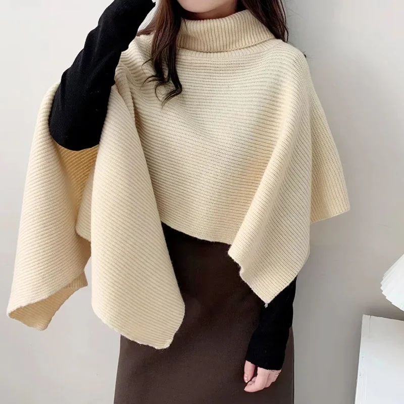 Poncho Cloak Autumn and Winter New High Necked Shawl Knit Sweater Women's Versatile Cape Style Sweater Lady Coat Beige