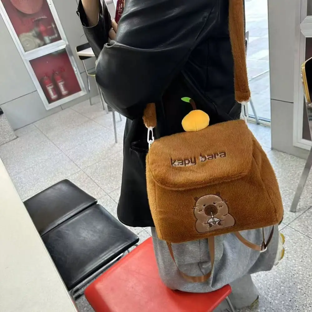 Orange Capybara Plush Backpack Collection Stuffed Shoulders Dual Use Knapsack Large Capacity Fluffy Capibala Anime Shoulder Bag