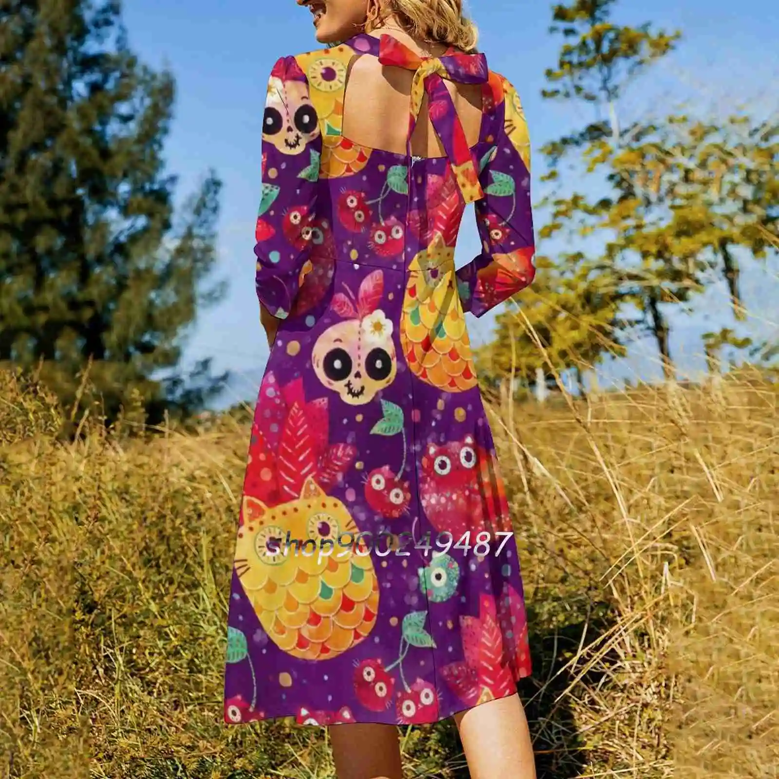 Mexican Tutti Frutti Sweetheart Knot Flared Dress Fashion Design Large Size Loose Dress Cat Cats Pattern Fruits Tropical Summer