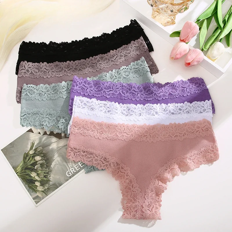 

Sexy Lace Seamless Cotton Brazilian Panties Women's Underwear Low Waist Female Solid Color Bikini Breathable Intimates Lingerie