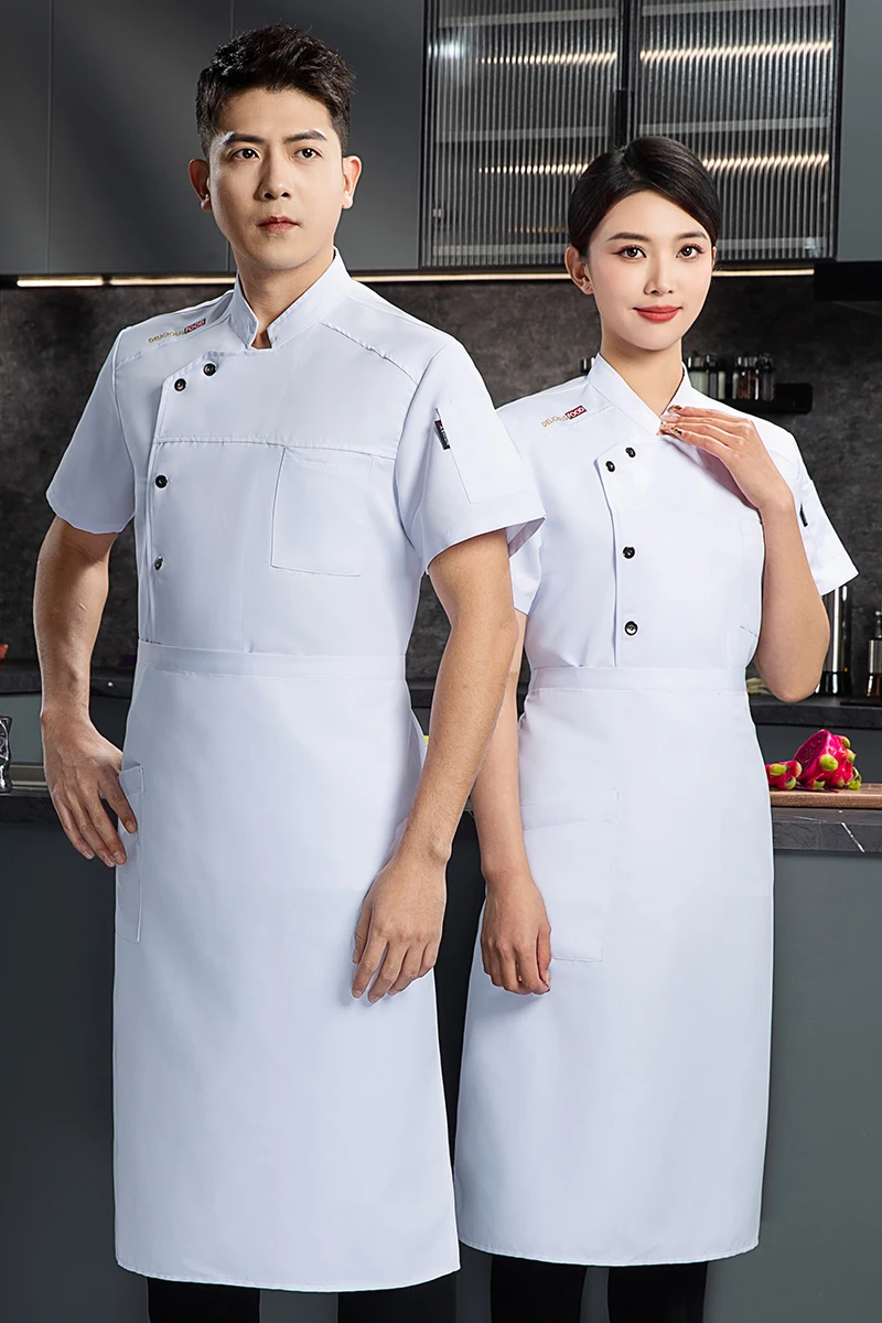 الأبيض الشيف موحدة المئزر ملابس العمل شعار الشيف السراويل الصيف الرجال قصيرة الأكمام سترة تنفس الشيف معطف مطعم المطبخ
