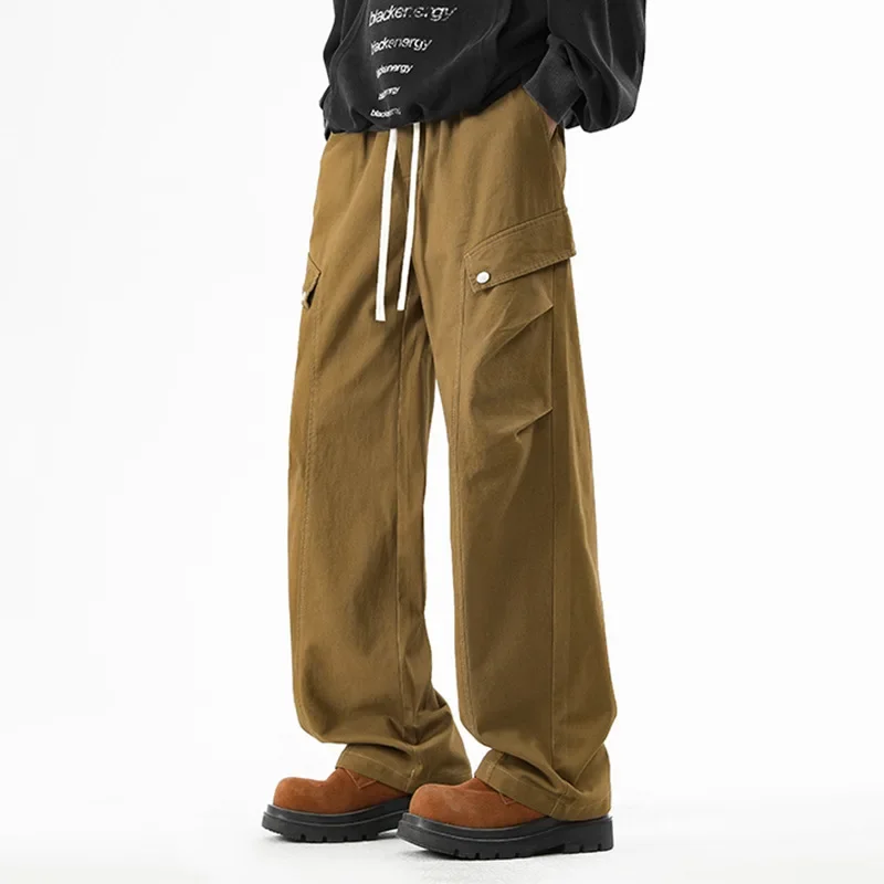

2025 Spring Autumn New Fashion Men's Solid Color Casual Trendy Cotton Straight Wide Leg Multi Pocket Loose Trousers Male Pants