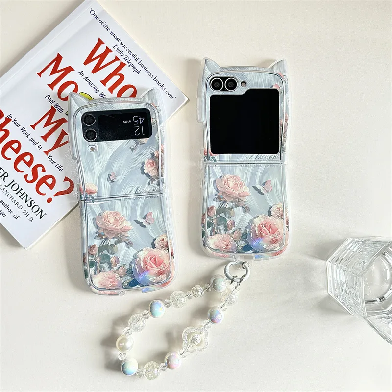 

Creative Cat Ear Flowers Phone Case for Samsung Galaxy Z Flip 6 5 4 3 Protective Back Cover for ZFlip4 ZFlip5 ZFlip6 Case Shell