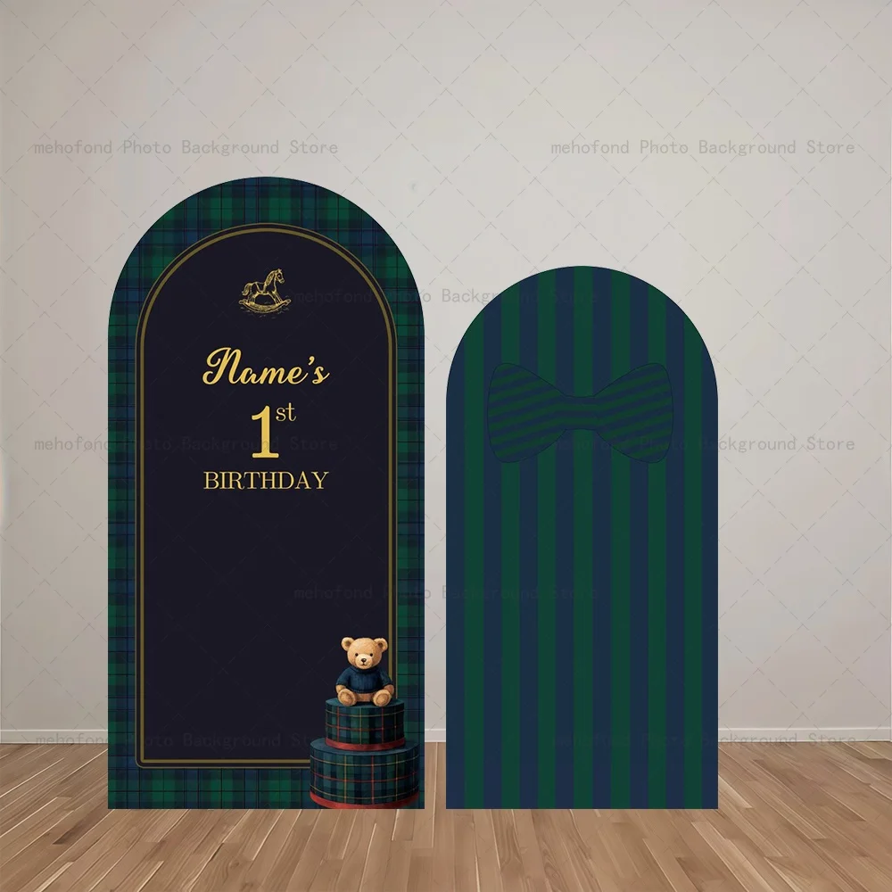 Mehofond Arrière-plan en arche personnalisable avec nom, motif écossais raffiné, cheval à bascule et ours, pour décoration de fête prénatale, d'anniversaire et de studio photo