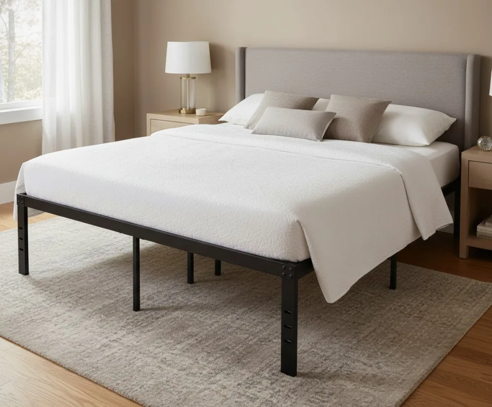 Marco de cama doble de metal de 18 pulgadas con almacenamiento: fácil montaje, plataforma resistente y sin ruido para colchón individual