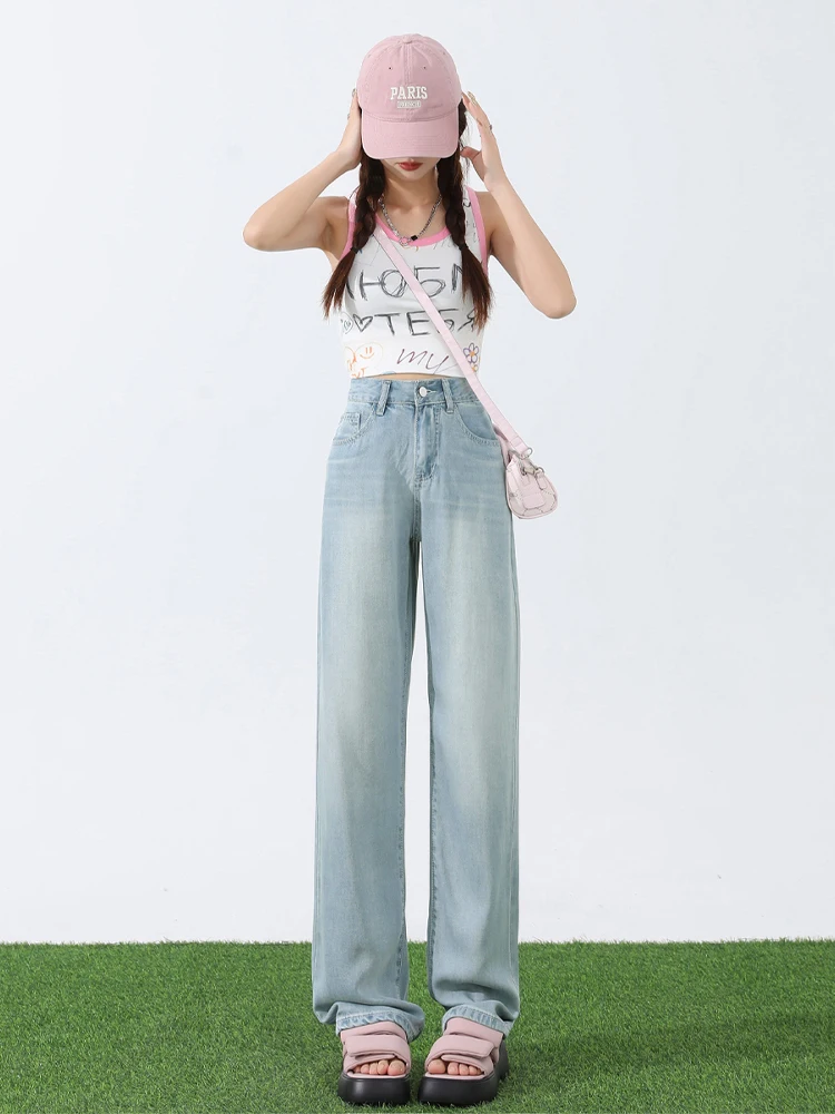 

Lacele Summer Thin Wide Leg Jeans Women's High Waist Straight Cut Loose Fit Slimming Casual High Waist Jeans