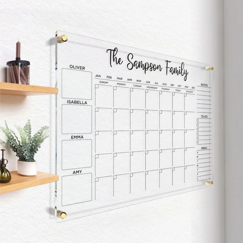 Acrylic Family Planner, Personalized Monthly Calendar Dry Erase Board Wall, Calendar with Marker GOLD Text Option