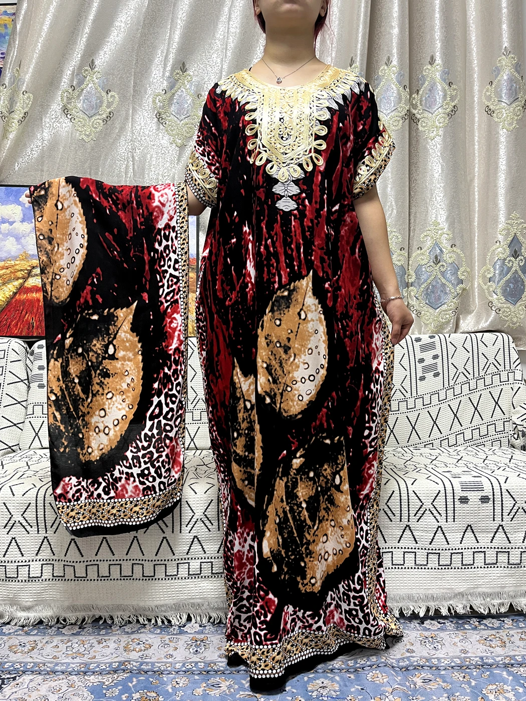 Abayas For Women 2023 Traditional Cotton Printed Short Sleeves African Loose Fit Femme Robe Nigeria Islam Dresses With Turban