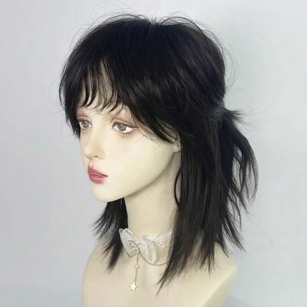 شعر مستعار أسود قصير مستقيم مقاوم للحرارة مع ألياف صناعية للنساء من أجل لوليتا كوسبلاي الهالوين وعيد الميلاد كاجوال جلام #5