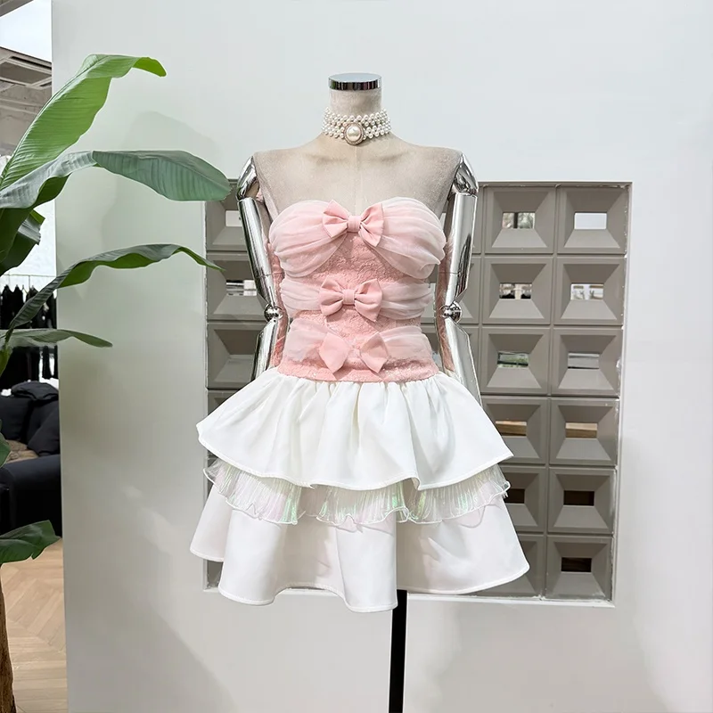 

Ele White Lace Knot Sequin Heavy Embroidery Tube Top Skirt Set Sweet Sle Spring Faion for Young Women