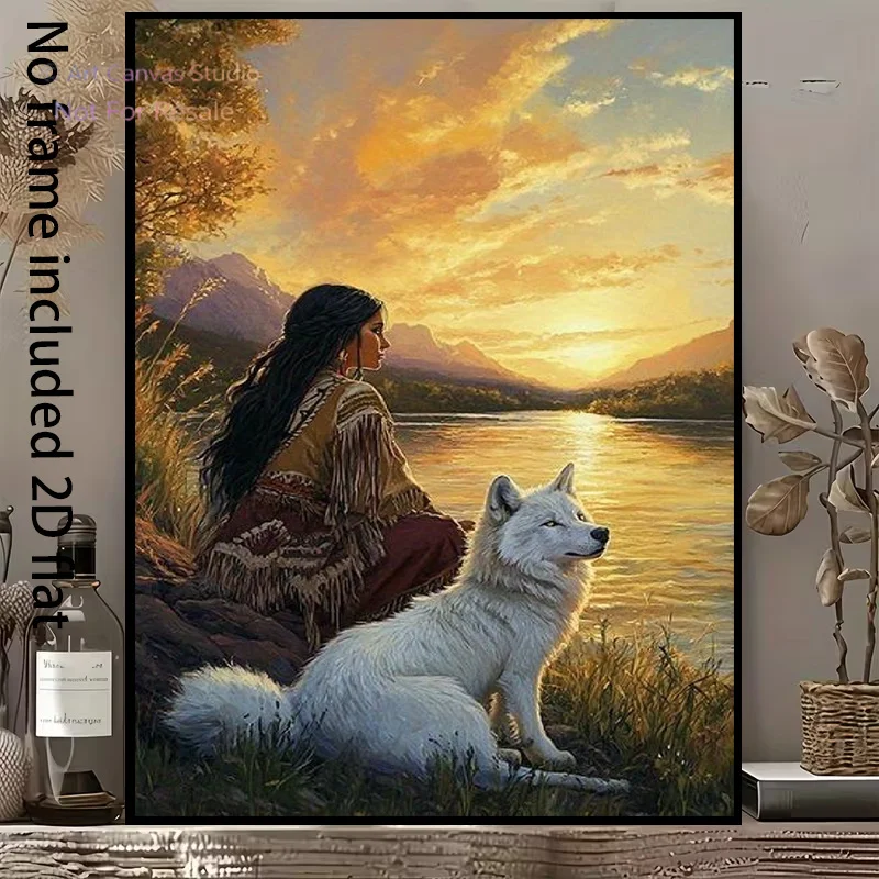 2D Flat, 2D Flat, A 2D Flat Canvas Painting Featuring a Local Woman Sitting Quietly by The Lake with a White Wolf Under The S