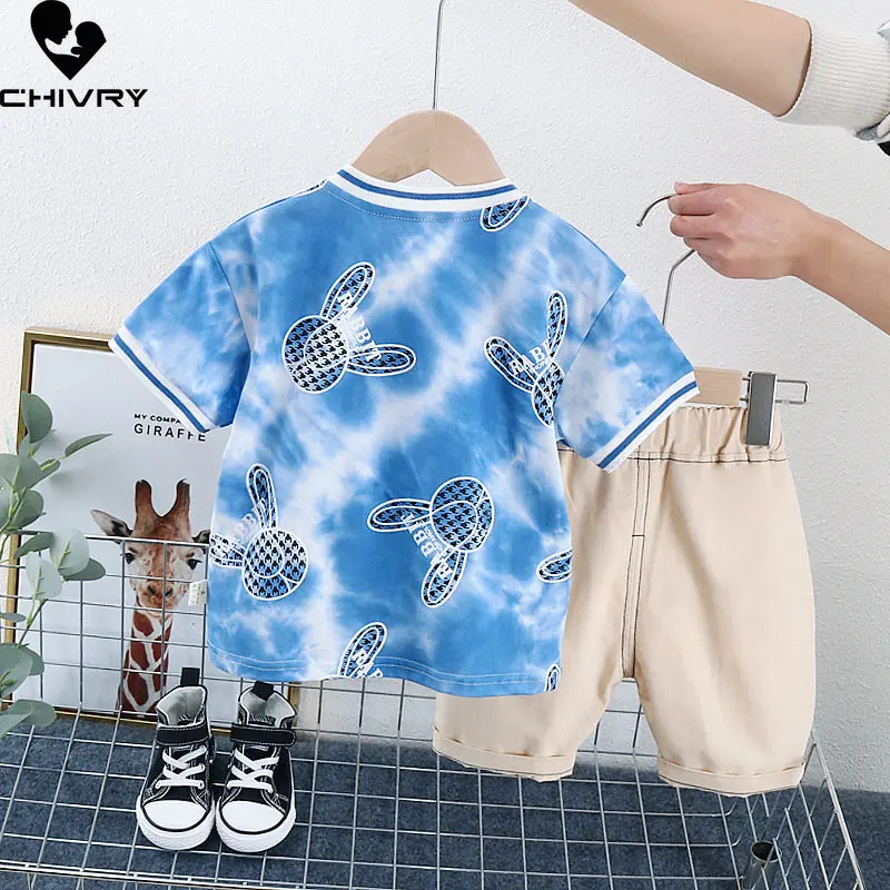 Ropa de verano para niños, camiseta de manga corta con dibujo de conejo Tie-dye, Tops con pantalones cortos sólidos, conjuntos de ropa para niños 2023