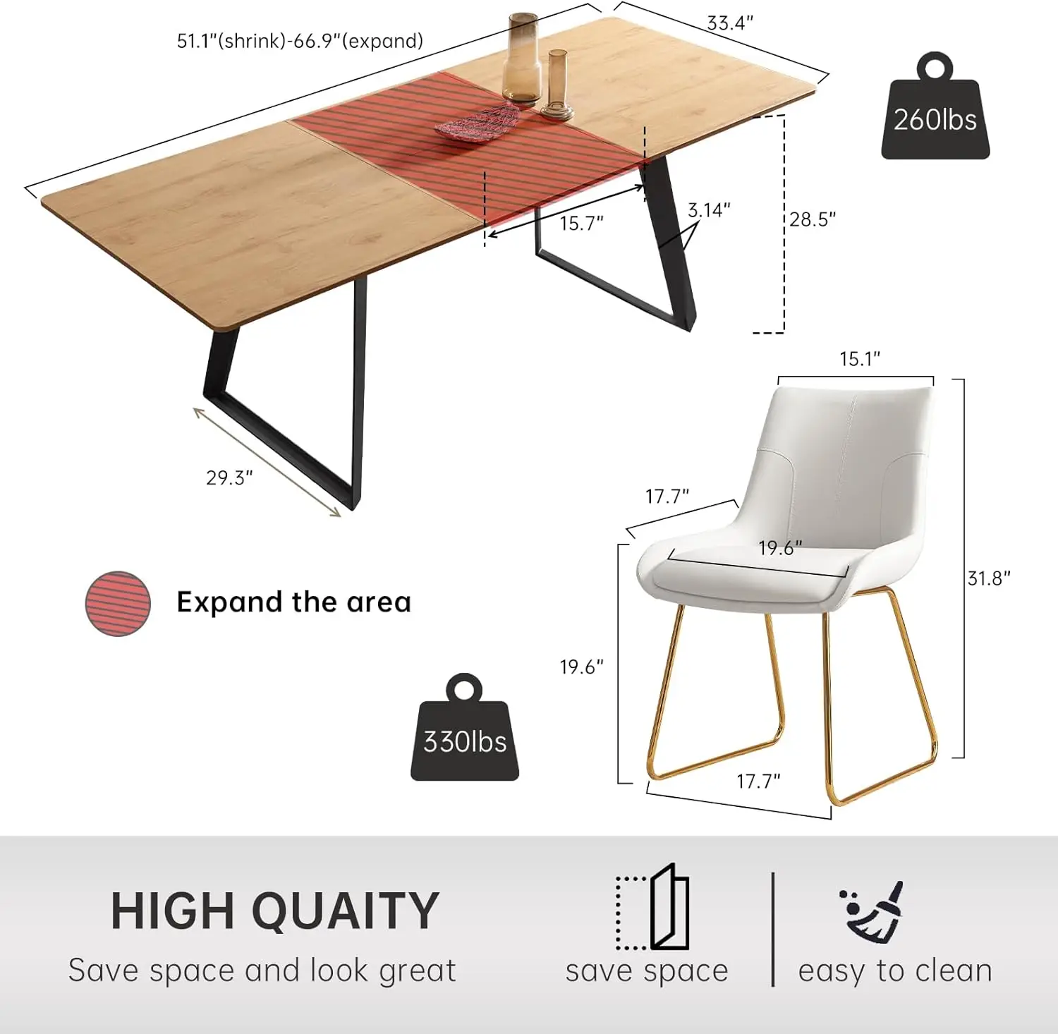 ZckyCine Modern mid-Century Dining Table  Table and Chairs Rectangular Wooden Dining  Expandable  Space