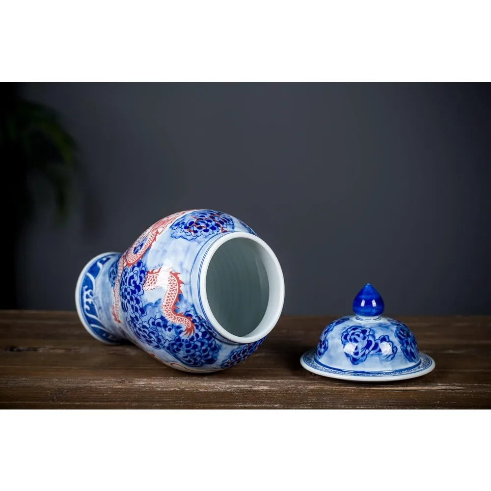 Handcrafted Blue & White Porcelain Ginger Jar with Lid, Decorative Dragon Design