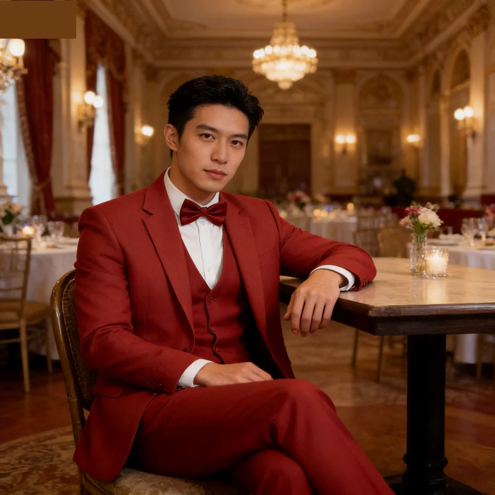 

Solid Color 3-Piece Men's Terno Formal Suit Slim Fit Smoking Set with Jacket Pants And Tie