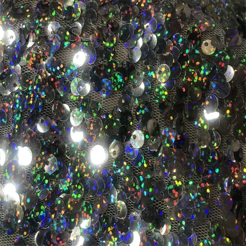 NEW 5MM Silver Mesh Sequin Fabric DIY Leiser Glitter Fabric For Wedding Dresses Wide：125CM