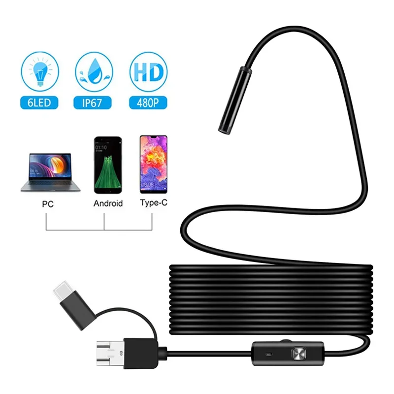 3In1 5.5mm Endoscope Camera Mini Snake Sewer Industrial Piping Borescope Car Inspection Endoscopic For Pc Usb Android Type C