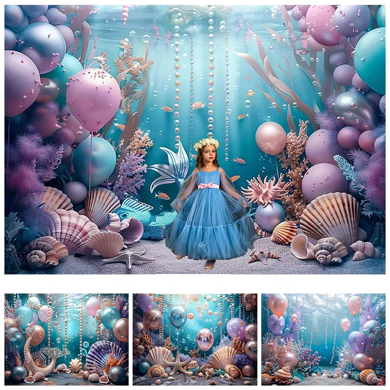 

Mermaid Photography Backdrop Bluey Underwater World Purple Shell Starfish Balloon Birthday Decor Background Photo Studio Props