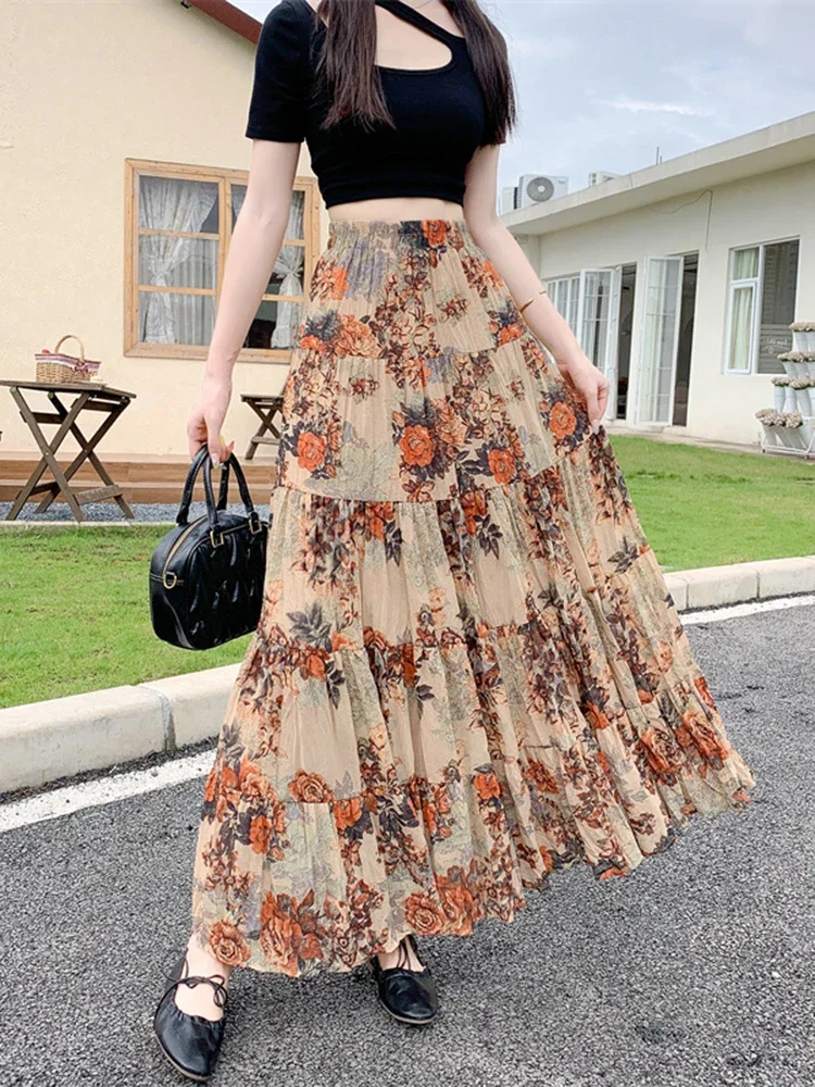 2025 Spring/summer New Korean Retro Contrasting Floral Skirt French Pleated Versatile Large Swing Skirt W257