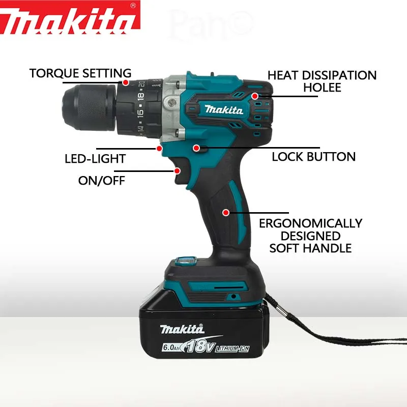 Makita DDF487 13mm brushless 18V lithium rechargeable impact drill, household hand drill, high torque electric screwdriver